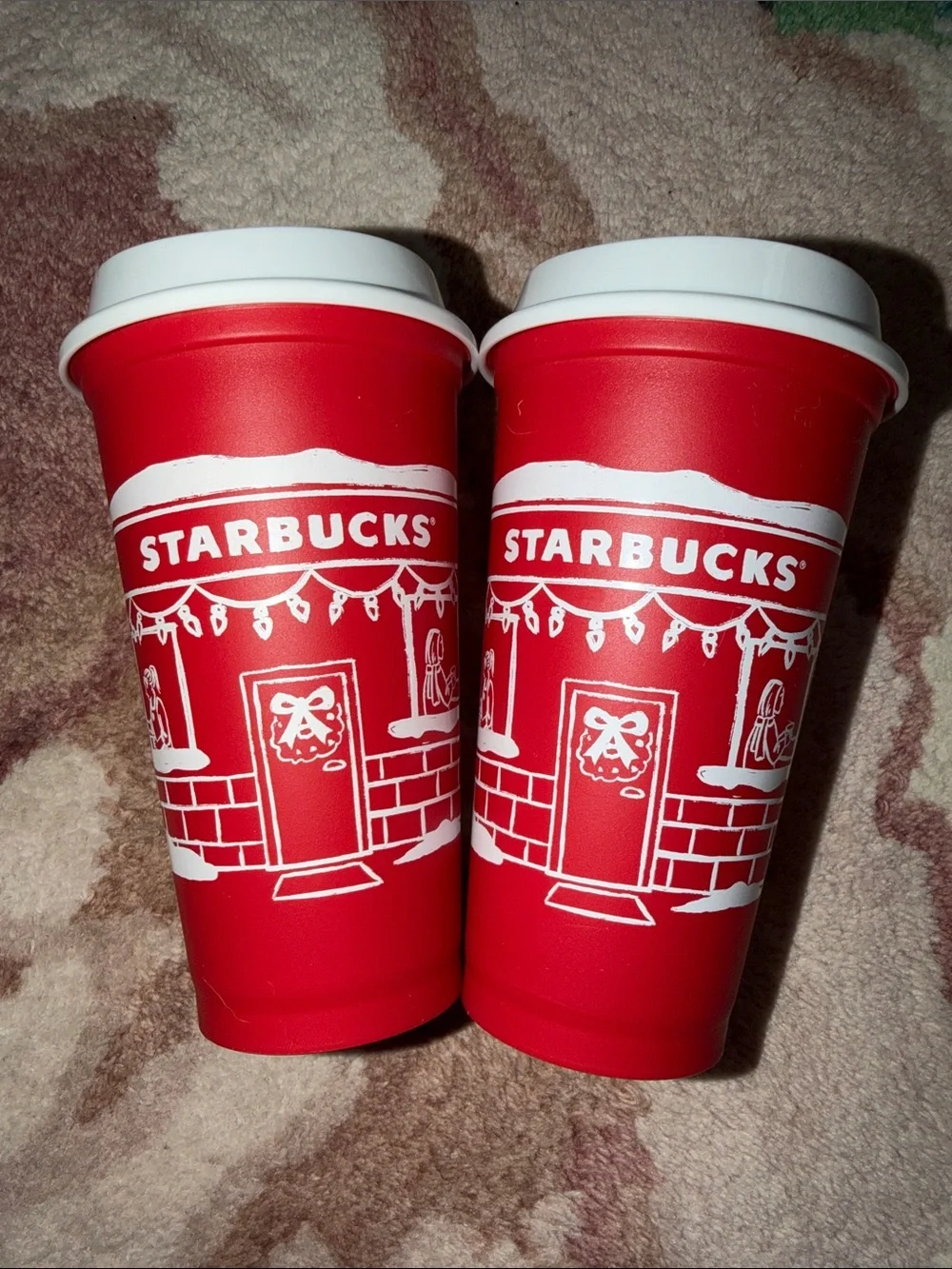 NWOT Starbucks Red Holiday Reusable Cups with White Lid Set of 2
